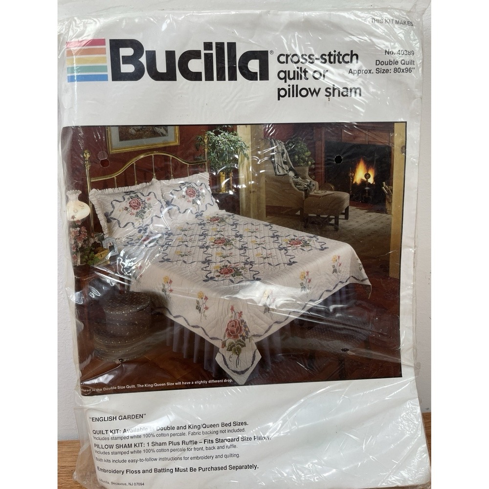 Vintage Bucilla English Garden Cross Stitch Double Size Quilt Kit 80" x 96"